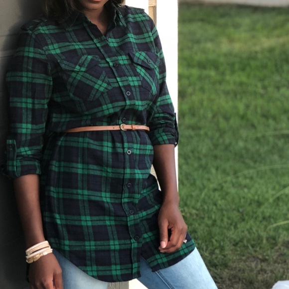 Green Plaid Tunic Dress with Belt - Picture 3 of 8